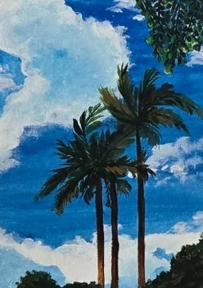 Acrylic painting by Garima: palms under a blue sky