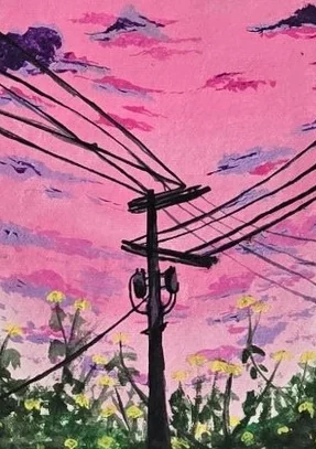 Acrylic painting by Garima: pink sky and power lines
