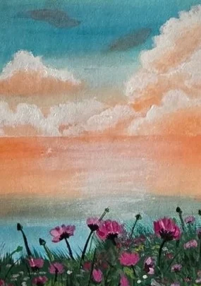 Acrylic painting by Garima: peach sea and wildflowers