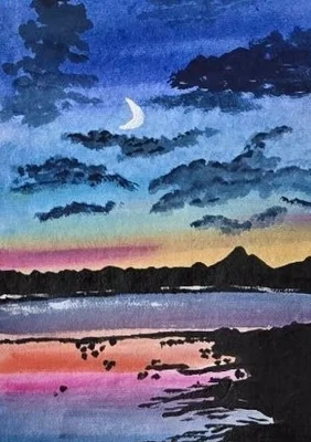 Acrylic painting by Garima: crescent moon over the lake